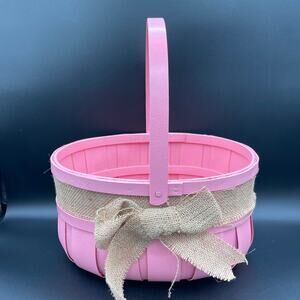 Bubble Gum Pink Wooden Easter Basket Large with Burlap Ribbon
